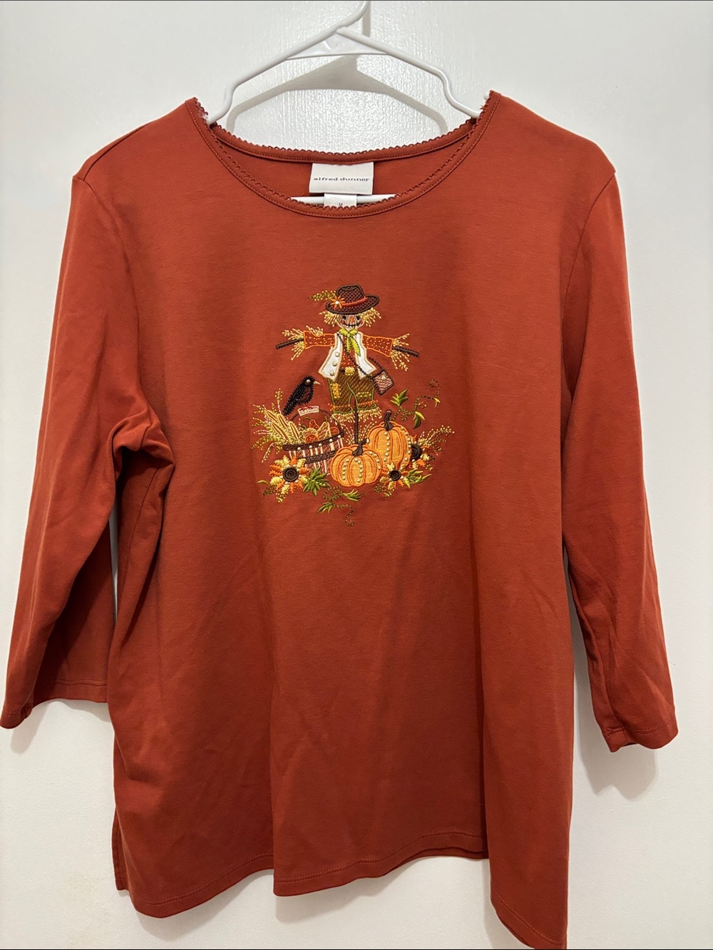 Alfred Dunner Sz M  Rust Orange Long-Sleeve Top with Fall Scarecrow Motif